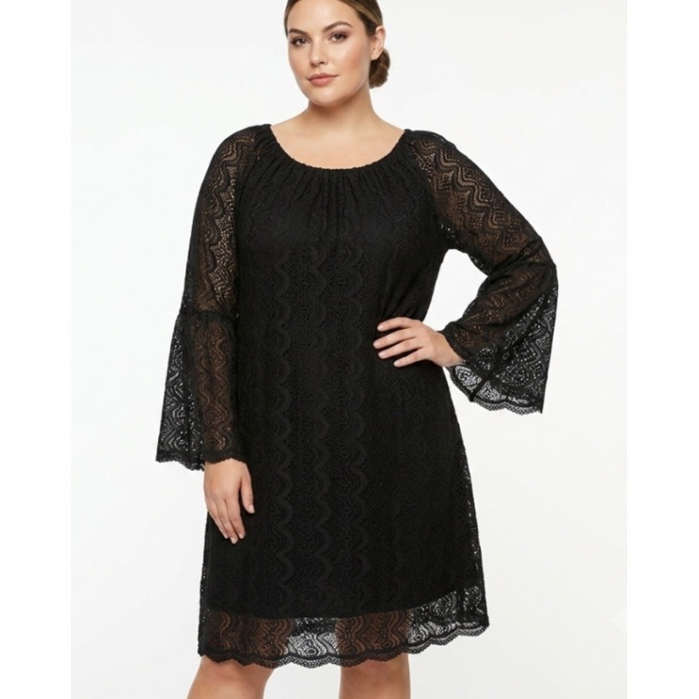 L&B Lace Dress Women 2X Black Boho Bell Sleeve Scoop Neck Floral Lined F-2 Plus